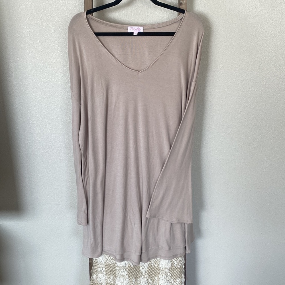 NWOT - Pink Lily Taupe Long Sleeve Shift Dress - Size Large - Picture 7 of 9